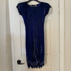 Vintage Nagpal New York embellished beaded silk blue dress, Size M